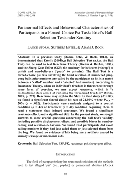 Paranormal Effects and Behavioural Characteristics of Participants in a Forced-Choice Psi Task: Ertel’S Ball Selection Test Under Scrutiny