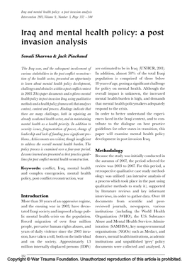 Iraq and Mental Health Policy: a Post Invasion Analysis Intervention 2011,Volume 9, Number 3, Page 332 - 344