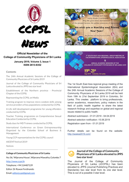 CCPSL News Official Newsletter of the College of Community Physicians of Sri Lanka January 2019, Volume 3, Issue 1 ISSN 2613-8352