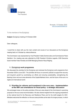 Summing-Up Letter, Eurogroup Meeting of 5 October 2020
