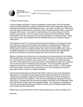 To Whom It May Concern: I Write to Register Opposition to the Two Proposals to Build Private, For-Profit Industrial Scale Wind T