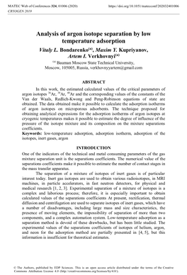 Analysis of Argon Isotope Separation by Low Temperature Adsorption Vitaly L