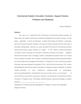 Commercial Aviation Innovation: Evolution, Support Factors, Problems and Obstacles