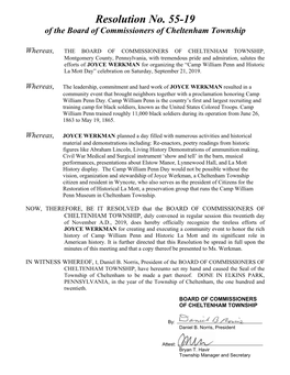 Resolution No. 55-19 of the Board of Commissioners of Cheltenham Township