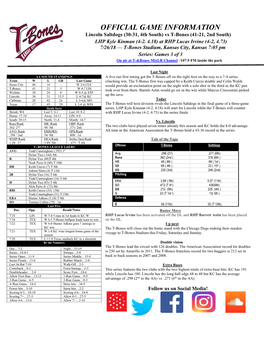 OFFICIAL GAME INFORMATION Lincoln Saltdogs (30-31, 4Th South) Vs T-Bones (41-21, 2Nd South) LHP Kyle Kinman (4-2