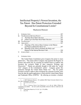 Intellectual Property's Newest Invention, the Tax Patent: Has Patent