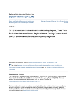 Salinas River Salt Modeling Report , Tetra Tech for California Central Coast Regional Water Quality Control Board and US Environmental Protection Agency, Region IX