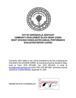 City of Hopkinsville, Kentucky Community Development Block Grant (Cdbg) Draft 2019/2020 Consolidated Annual Performance Evaluation Report (Caper)