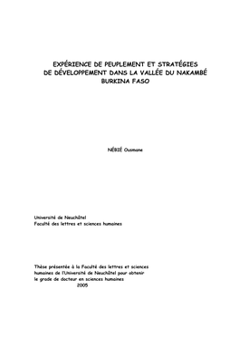 Expérience De Peuplement Et Stratégies De Développement Dans La Vallée Du Nakambé Burkina Faso