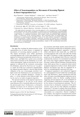 Effect of Neurotransmitters on Movement of Screening Pigment in Insect Superposition Eyes