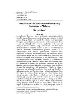 Party Politics and Institutional Internal Party Democracy in Malaysia