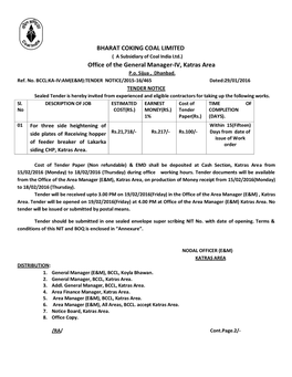 BHARAT COKING COAL LIMITED Office of the General Manager-IV