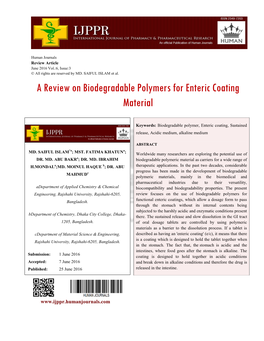 A Review on Biodegradable Polymers for Enteric Coating Material