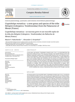 Cryptohelops Menaticus – a New Genus and Species of the Tribe Helopini (Coleoptera: Tenebrionidae) from the Palaeocene of Mena