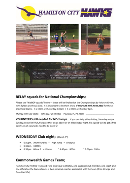 RELAY Squads for National Championships; WEDNESDAY
