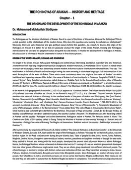 THE ROHINGYAS of ARAKAN --- HISTORY and HERITAGE Chapter – 1 the ORIGIN and the DEVELOPMENT of the ROHINGYAS in ARAKAN Dr