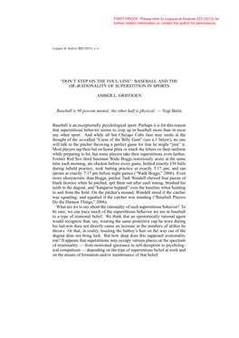 (IR-)RATIONALITY of SUPERSTITION in SPORTS AMBER L. GRIFFIOEN Baseball Is