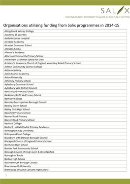 Organisations Utilising Funding from Salix Programmes in 2014-15