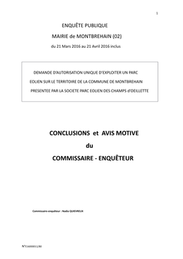 CONCLUSIONS Et AVIS MOTIVE Du COMMISSAIRE - ENQUÊTEUR