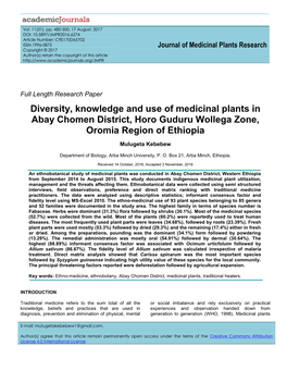 Diversity, Knowledge and Use of Medicinal Plants in Abay Chomen District, Horo Guduru Wollega Zone, Oromia Region of Ethiopia