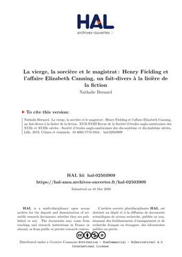 Henry Fielding Et L'affaire Elizabeth Canning, Un Fait-Divers À La Lisière