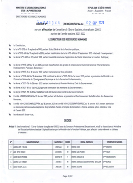 Il2 $Ff 2021 Ofrr$Or$R{ 1 - /MENA/0RH/S0PM Du Portant Affectation De Conseitters À ['Extra-Scotaire, Chargés Des C0GES