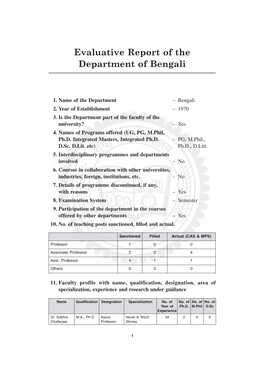 Evaluative Report of the Department of Bengali