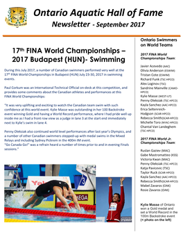 Ontario Aquatic Hall of Fame Newsletter - September 2017