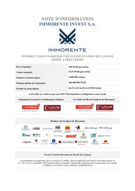 Note D'information Immorente Invest S.A
