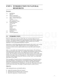 UNIT 1 INTRODUCTION to NATURAL Resources RESOURCES