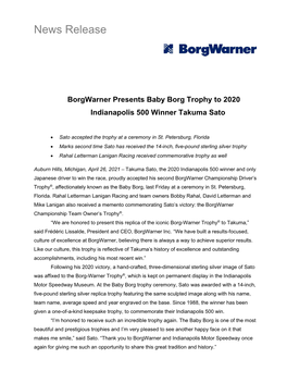 Borgwarner Presents Baby Borg Trophy to 2020 Indianapolis 500 Winner Takuma Sato
