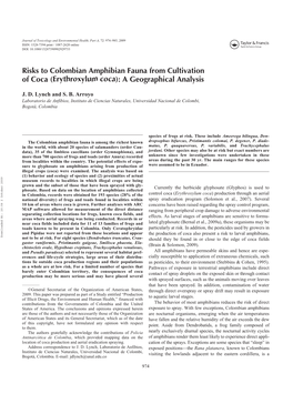 Risks to Colombian Amphibian Fauna from Cultivation of Coca
