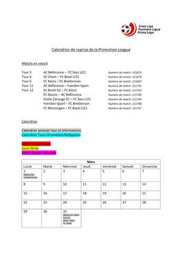 Calendrier De Reprise De La Promotion League