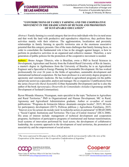 Contributions of Family Farming and the Cooperative Movement in the Eradication of Hunger and Promotion of Sustainable Agriculture