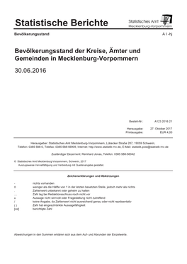 A123 Bevölkerungsstand Der Kreise, Ämter Und Gemeinden Am 30.06