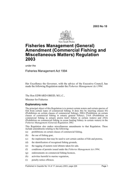 Fisheries Management (General) Amendment (Commercial Fishing and Miscellaneous Matters) Regulation 2003 Under the Fisheries Management Act 1994