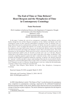 The End of Time Or Time Reborn? Henri Bergson and the Metaphysics of Time in Contemporary Cosmology