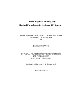 Translating Music Intelligibly: Musical Paraphrase in the Long 20Th Century