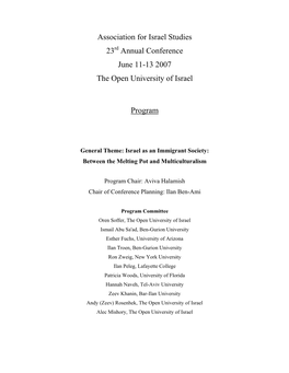 Annual Conference June 11-13 2007 the Open University of Israel Program