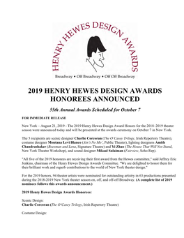 2019 Henry Hewes Design Awards Honorees Announced