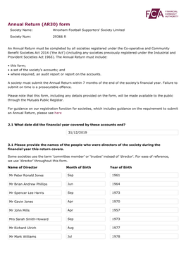 (AR30) Form Society Name: Wrexham Football Supporters' Society Limited