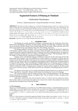 Segmental Features of Palaung in Thailand Chalermchai Chaichompoo