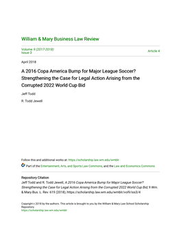 A 2016 Copa America Bump for Major League Soccer? Strengthening the Case for Legal Action Arising from the Corrupted 2022 World Cup Bid