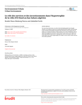 Le Rôle Des Services Et Des Investissements Dans L'hypertrophie De La Ville D'el Oued Au Bas Sahara Algérien