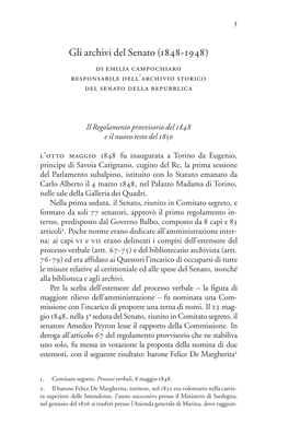 Gli Archivi Del Senato (1848-1948) Di Emilia Campochiaro Responsabile Dell’Archivio Storico Del Senato Della Repubblica