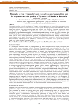 Financial Sector Reforms in Bank Regulations and Supervision and Its Impact on Service Quality of Commercial Banks in Tanzania Lucky Yona 1* Eno Inanga 2 1