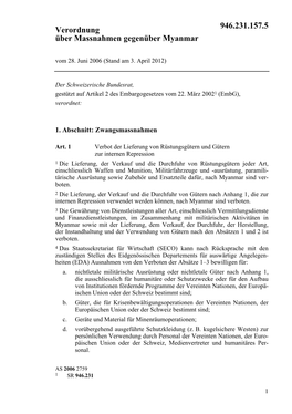 Verordnung Über Massnahmen Gegenüber Myanmar 946.231.157.5