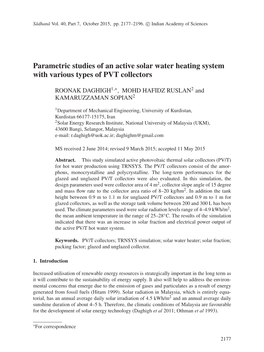 Parametric Studies of an Active Solar Water Heating System with Various Types of PVT Collectors