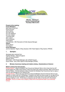 Minutes – Meeting 47 Arreton Community Hall Thursday 5 March 2015