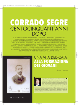 Corrado Segre Centocinquant’Anni Dopo Il 20 Agosto Scorso Ricorreva Il Centocinquantesimo Anniversario Della Nascita Di Corrado Segre